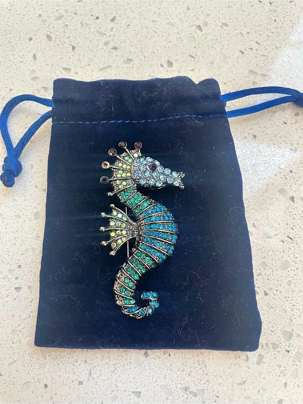 Seahorse Rhinestone Brooch in Blue & Green